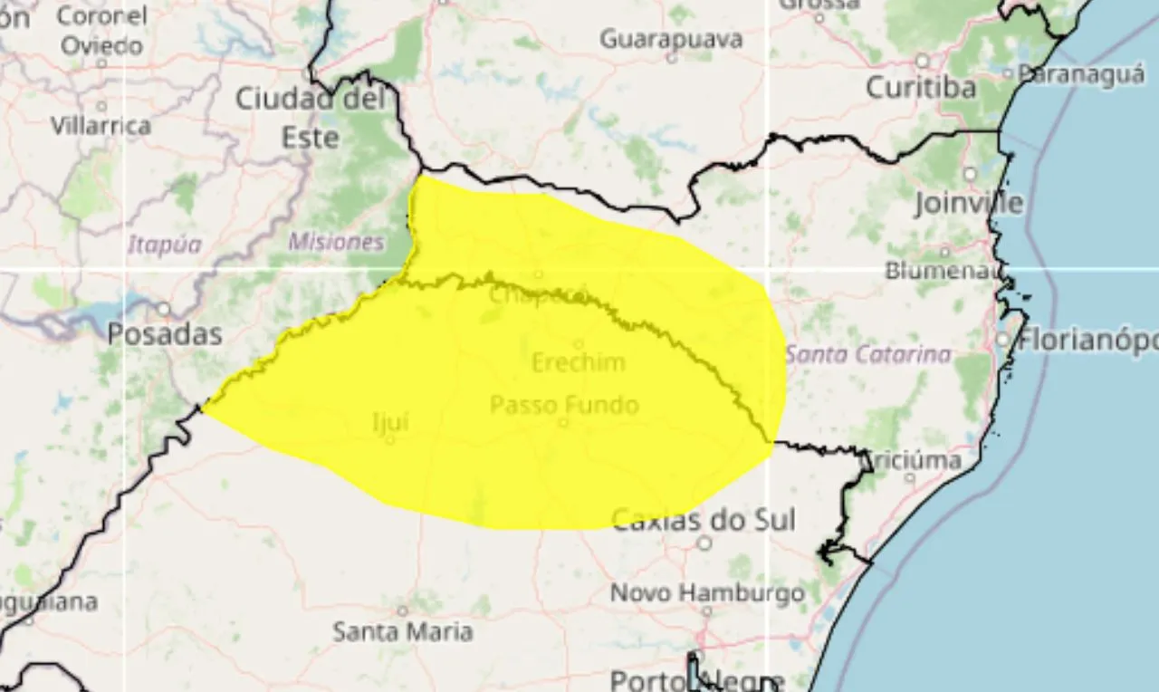 O mapa mostra as &aacute;reas em alerta para chuva intensa